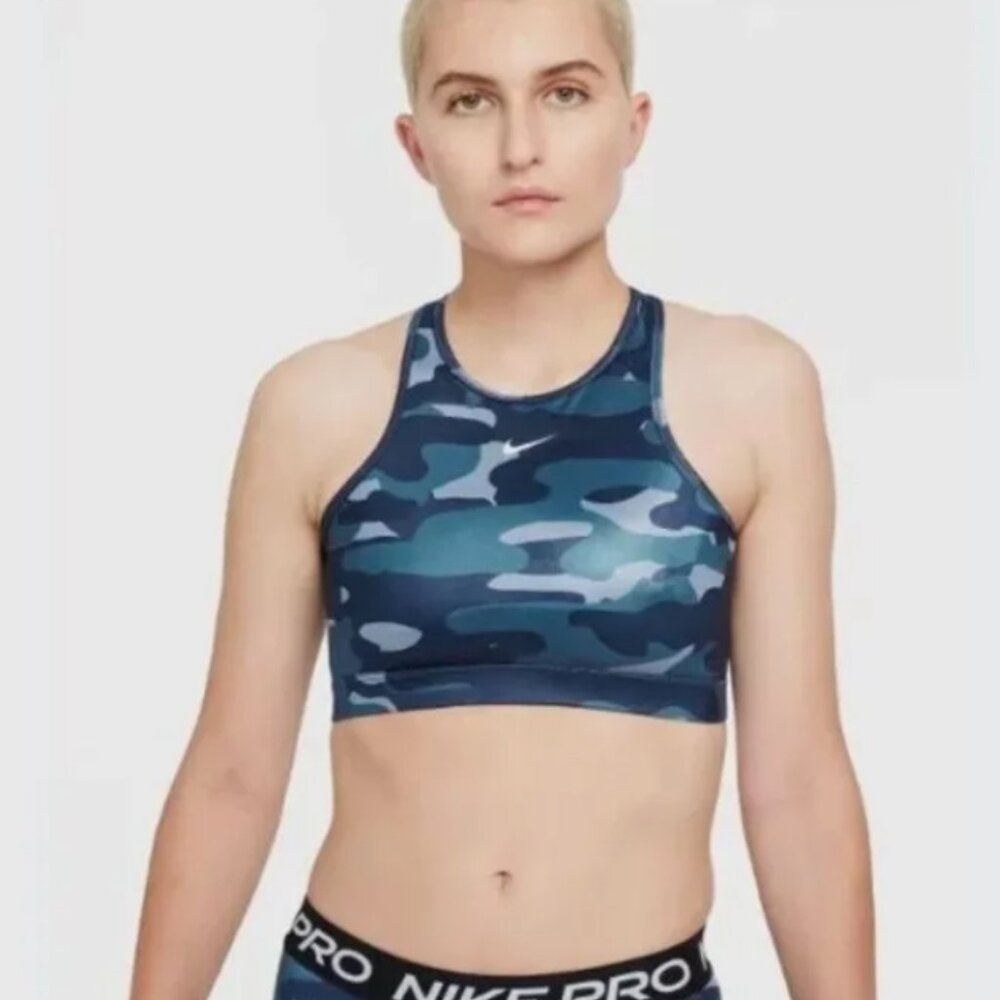 NIKE WOMENS MEDIUM SUPPORT SPORTS BRA IN BLUE CAMO SIZE MEDIUM